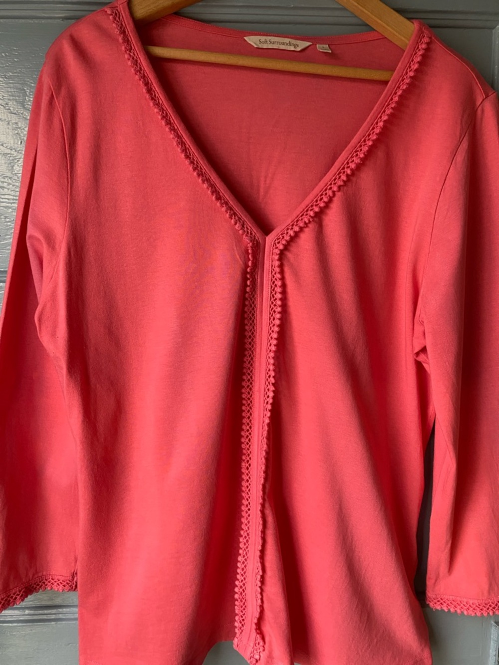 Soft Surroundings Coral Pink Crochet-Trim 3/4 Sleeved Shirt